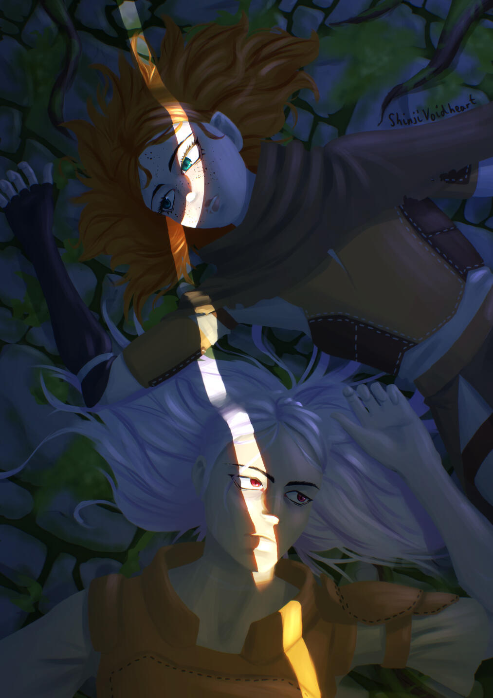 Daisy and Kai laying down w/ dramatic lighting