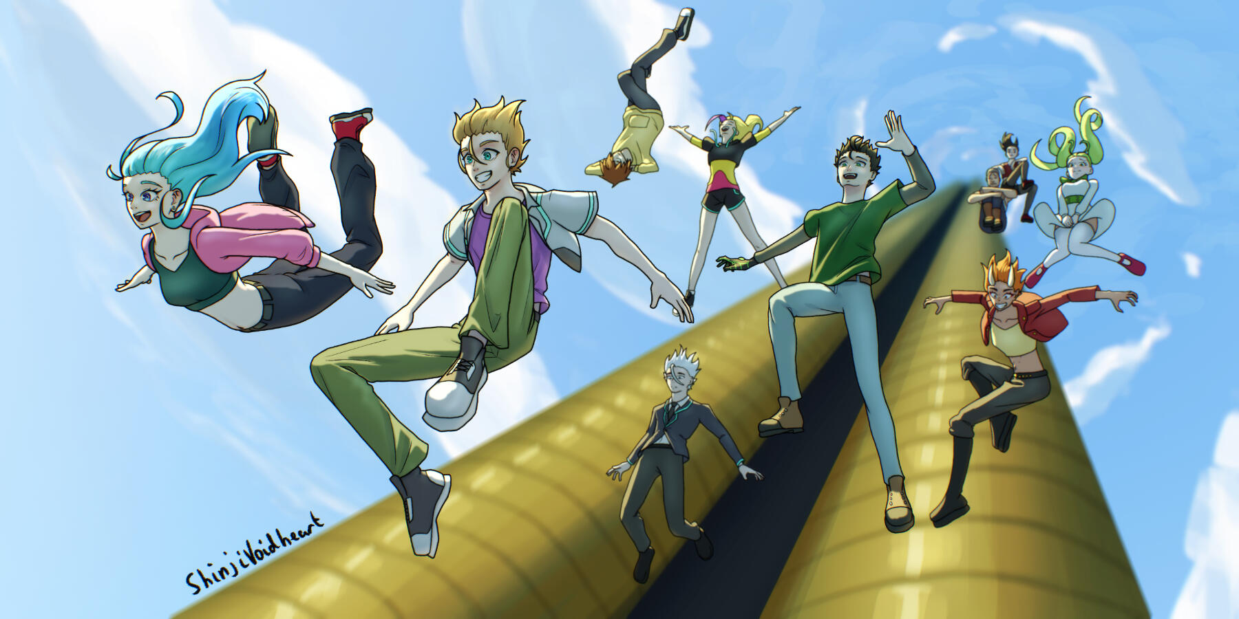 the gang falling from the eternal tower